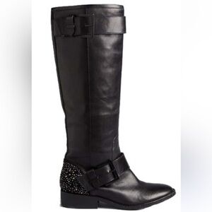 B Brian Atwood Dita Crystal Heel Black Leather Tall Moto Flat Boots